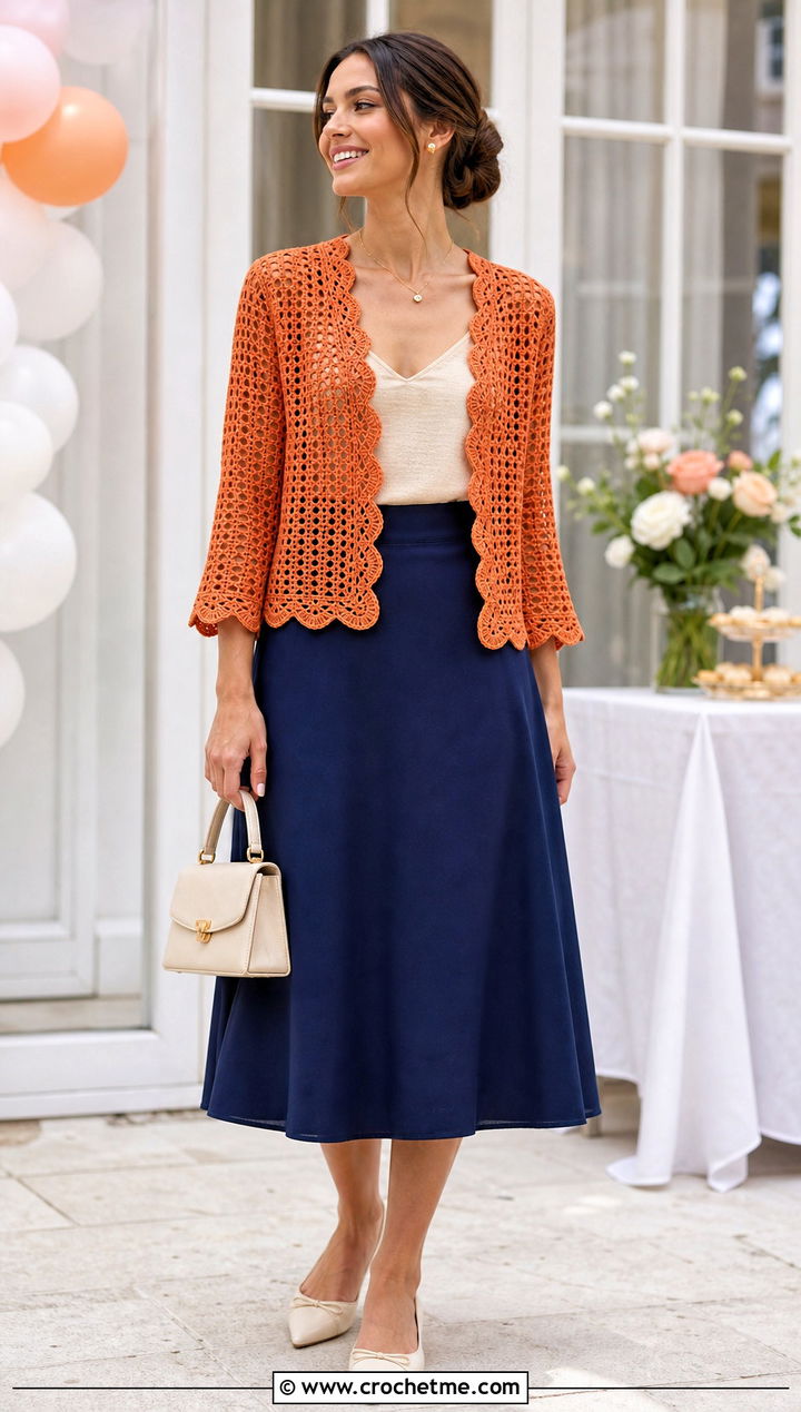 Scalloped Edge Crochet Mesh Cardigan With A Line Midi Skirt - 35 crochet mesh cardigan outfit ideas
