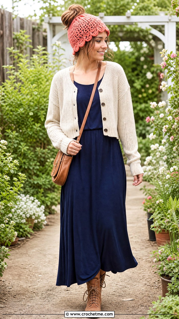 Scalloped Edge Crochet Messy Bun Hat With Maxi Dress - 35 crochet messy bun hat outfit ideas