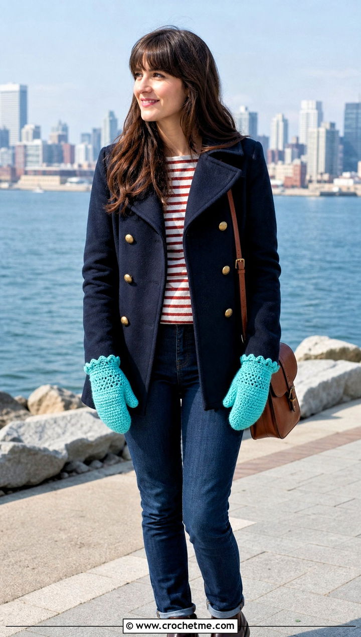 Scalloped Edge Crochet Mittens With Peacoat - 25 quick crochet mittens outfit ideas
