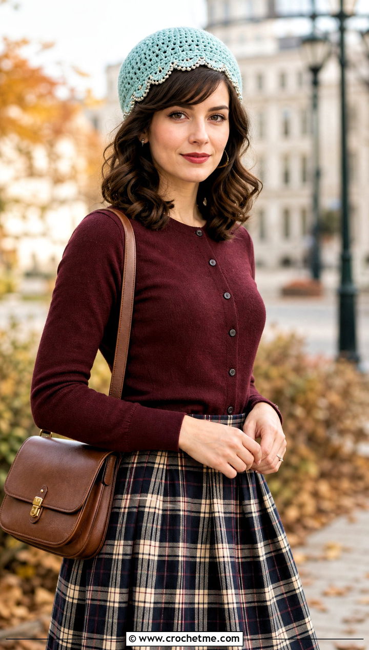 Scalloped Edge Crochet Pillbox Hat With Cardigan And Plaid Midi Skirt - 25 crochet pillbox hat outfit ideas