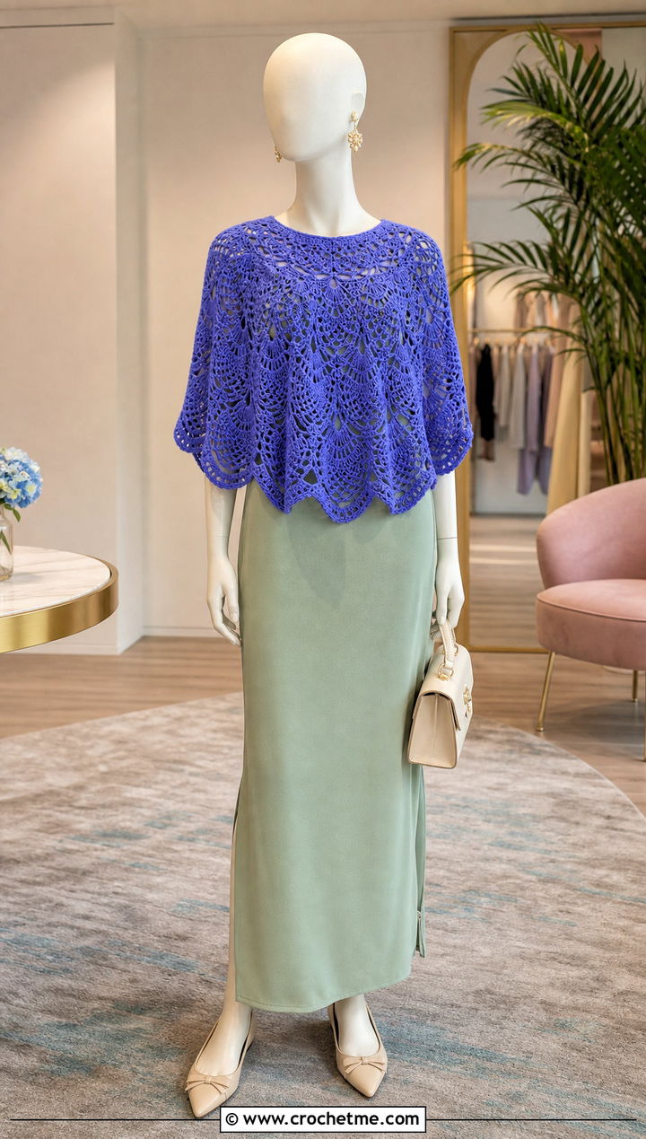 Scalloped Edge Crochet Poncho With Column Dress And Flats - 15 crochet poncho on mannequin outfit ideas