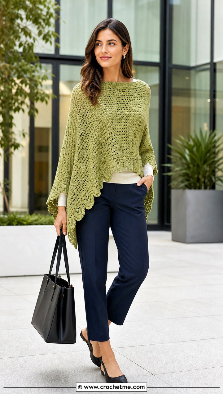 Scalloped Edge Crochet Poncho With Cropped Trousers - 25 Simple Crochet Poncho outfit ideas