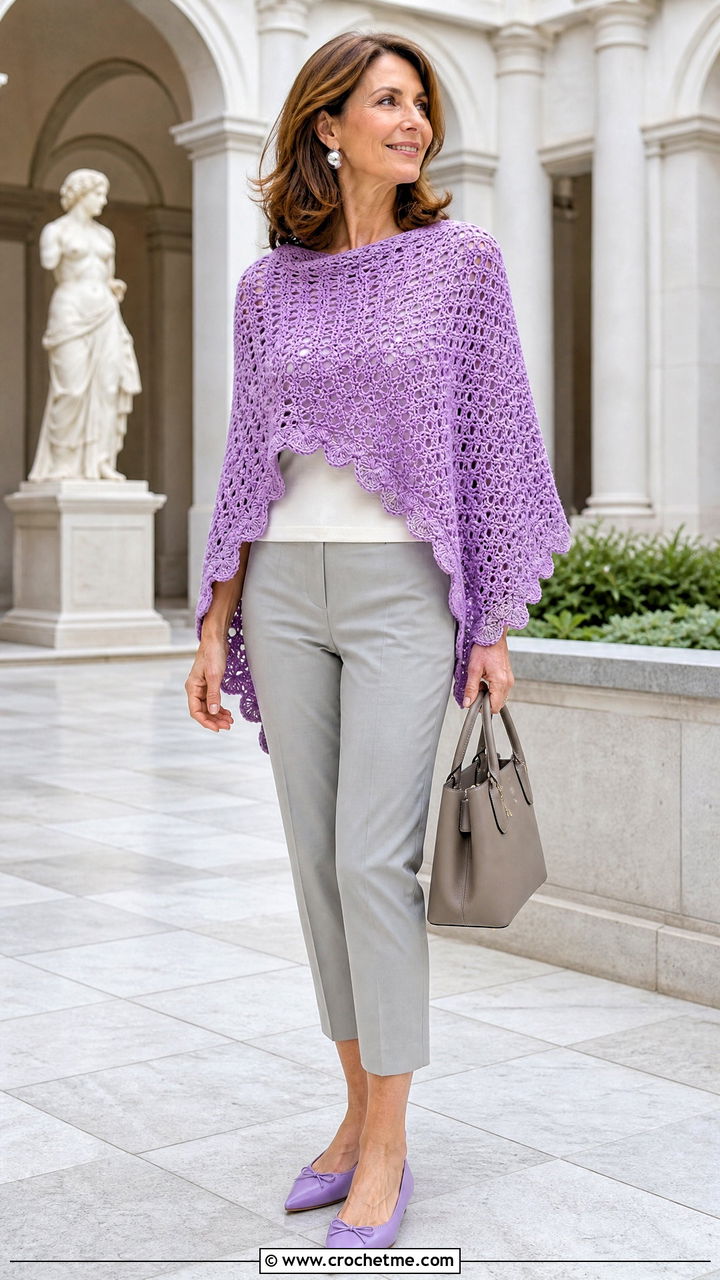 Scalloped Edge Crochet Poncho With Cropped Trousers - 35 crochet poncho woman outfit ideas