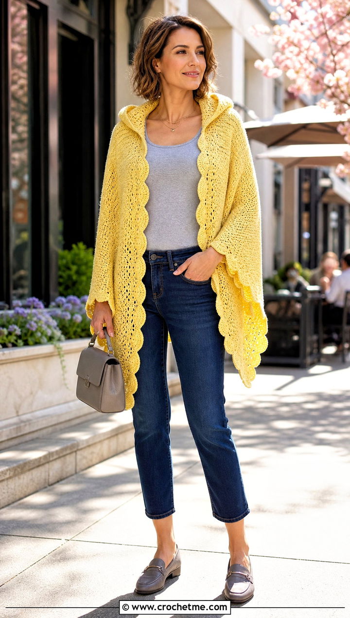 Scalloped Edge Crochet Poncho With Hood And Ankle Jeans - 35 crochet poncho with hood outfit ideas