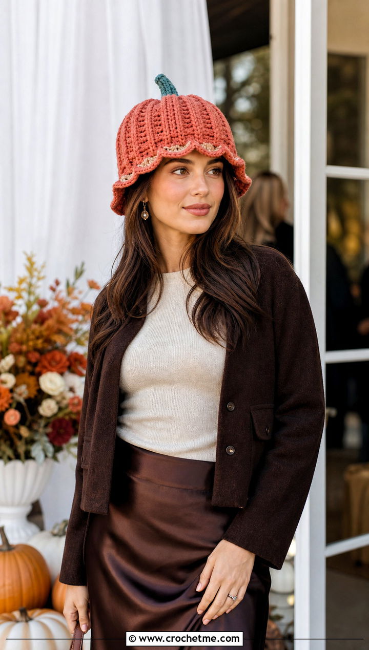 Scalloped Edge Crochet Pumpkin Beanie With Satin Skirt - 30 crochet pumpkin beanie outfit ideas