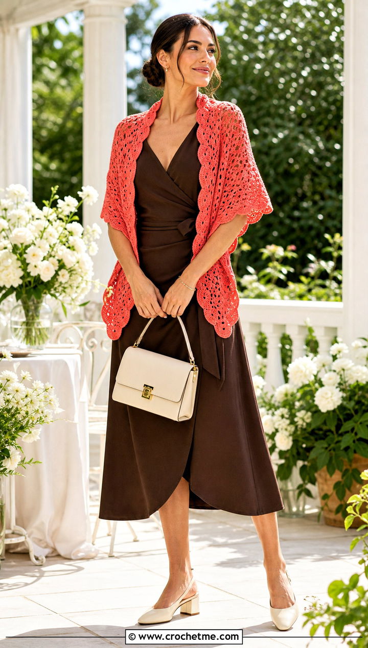 Scalloped Edge Crochet Rectangle Shawl With Wrap Dress - 35 Crochet Rectangle Shawl outfit ideas