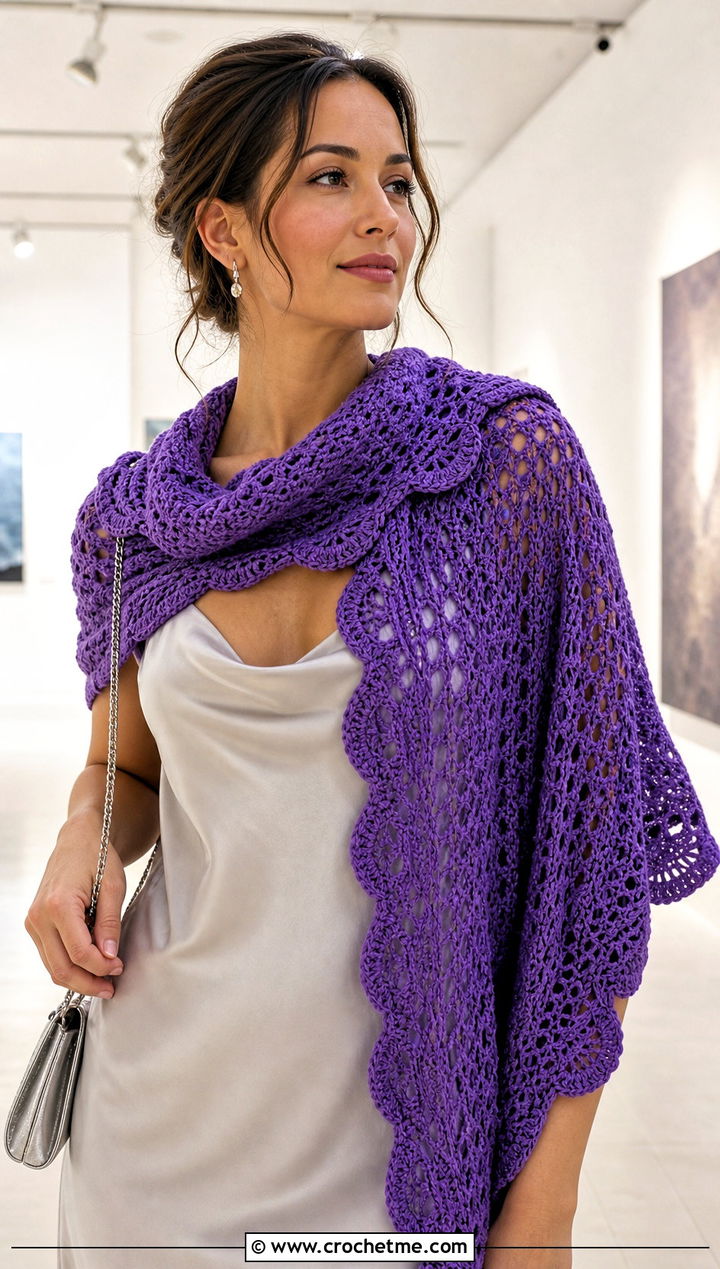 Scalloped Edge Crochet Road Trip Scarf With Slip Dress - 15 Crochet Road Trip Scarf outfit ideas