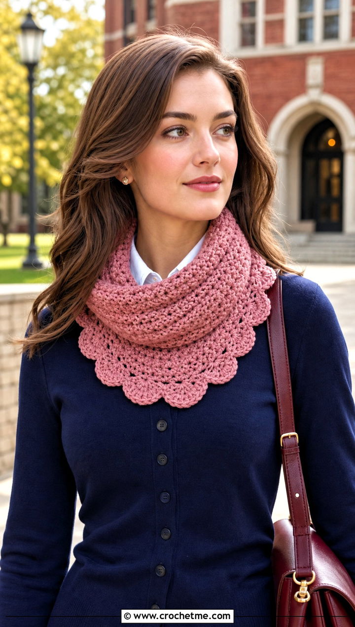 Scalloped Edge Crochet Roll Up Scarf With Preppy Cardigan - 25 Crochet Roll Up Scarf outfit ideas