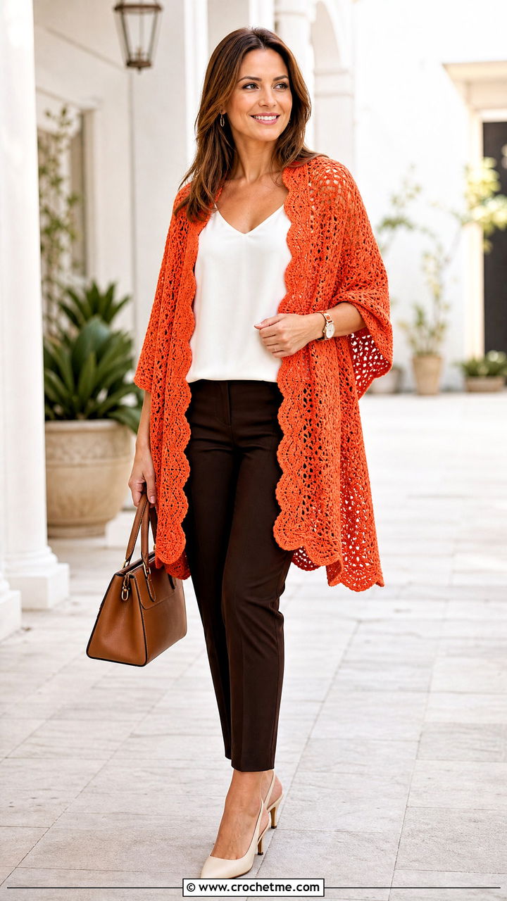 Scalloped Edge Crochet Ruana With Ankle Pants - 35 crochet ruana outfit ideas