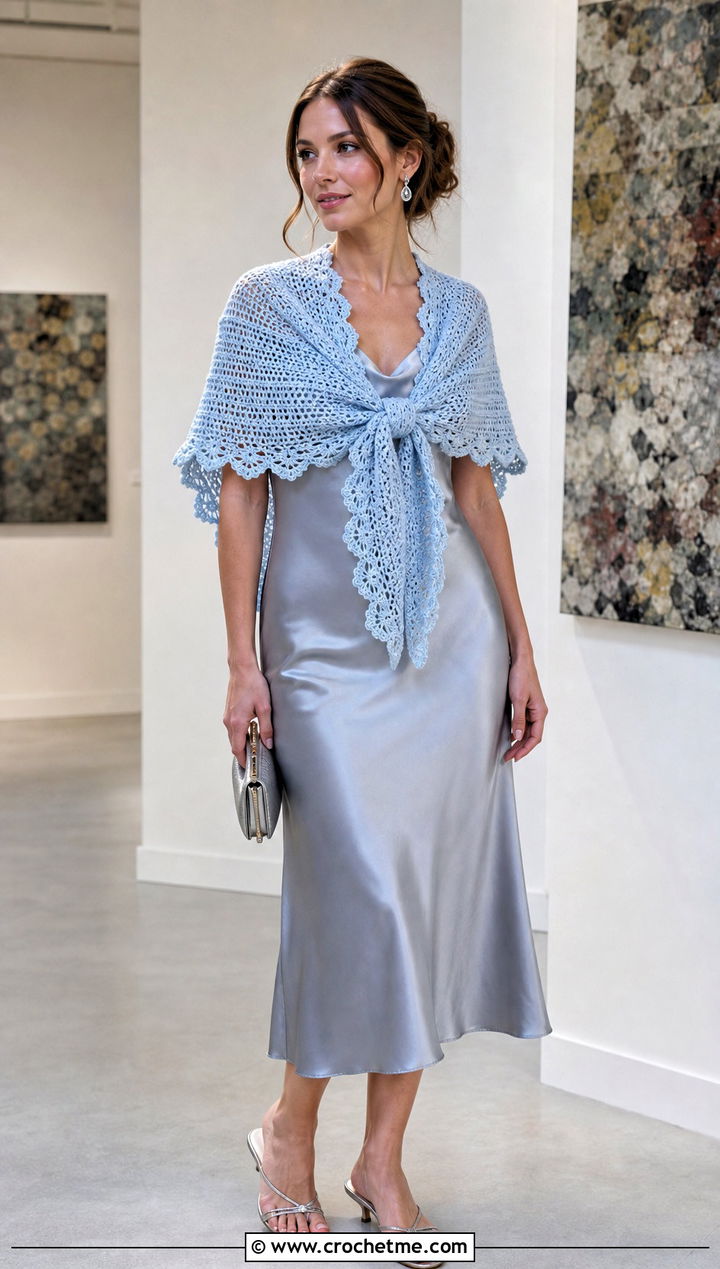 Scalloped Edge Crochet Sally Scarf With Satin Dress - 20 Crochet Sally Scarf outfit ideas