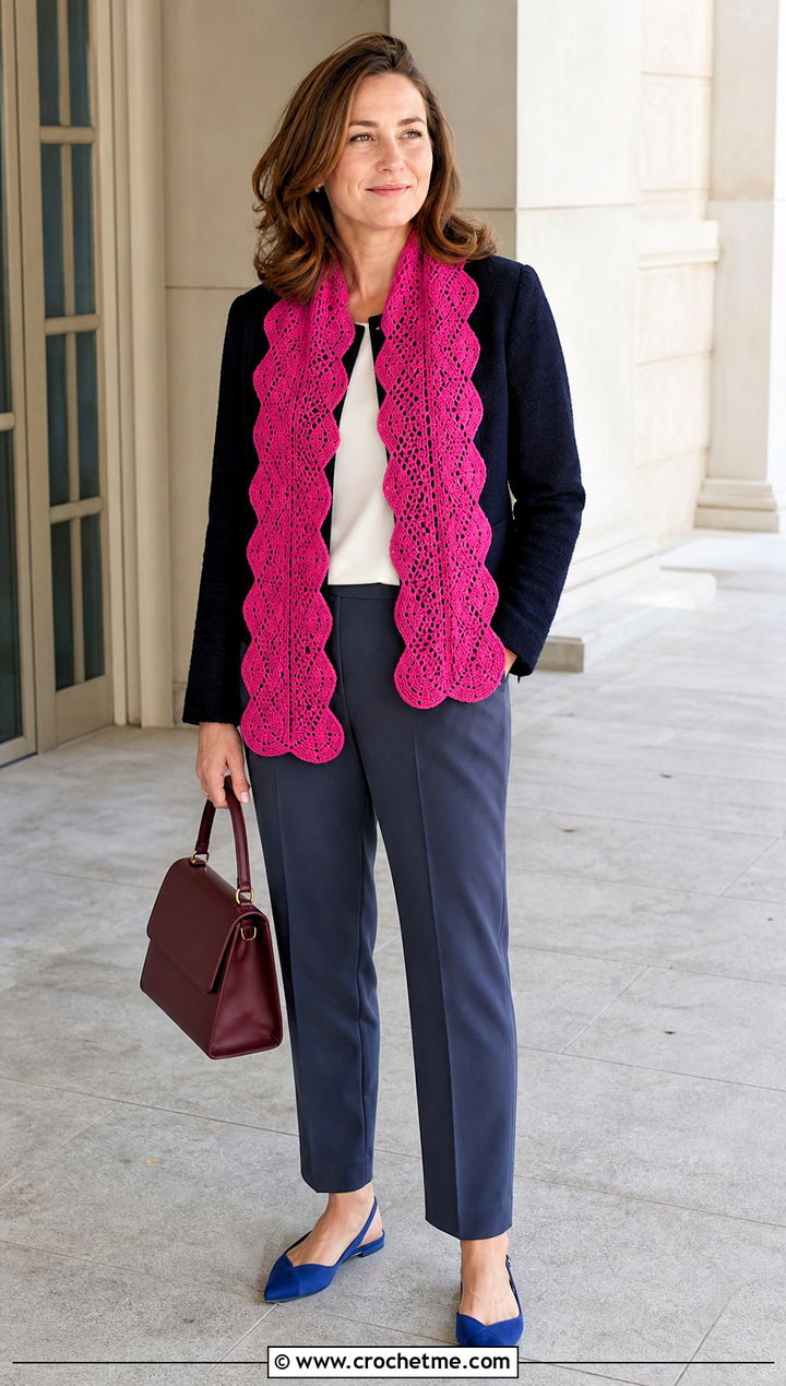 Scalloped Edge Crochet Scarf With Collarless Jacket - 35 fall crochet scarf outfit ideas