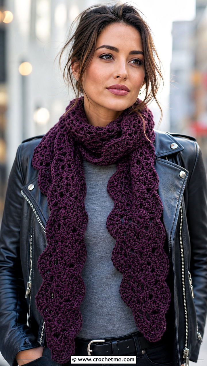 Scalloped Edge Crochet Scarf With Leather Jacket And Black Pants - 25 Tiny Crochet Scarf outfit ideas