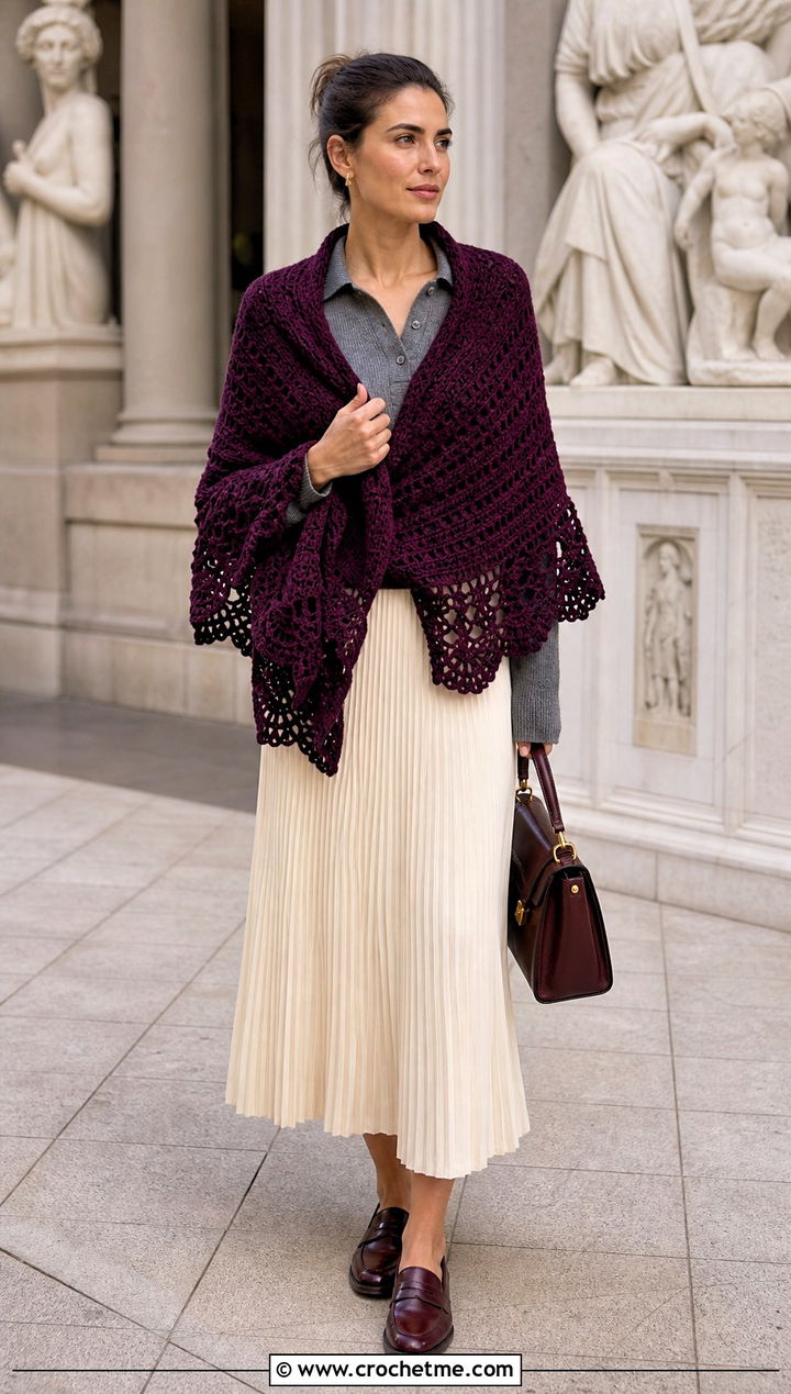 Scalloped Edge Crochet Semi Circle Shawl With Pleated Skirt - 25 Crochet Semi Circle Shawl outfit ideas