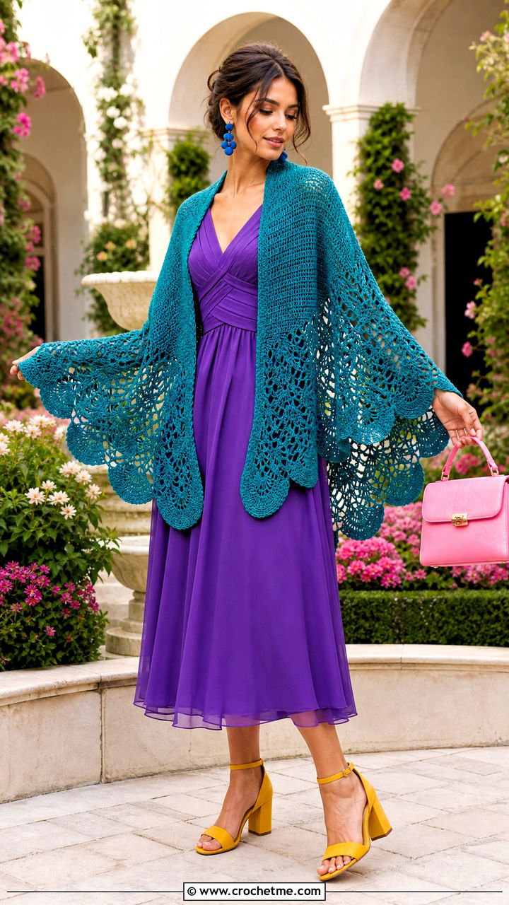 Scalloped Edge Crochet Shawl With A Tea Length Dress - 35 crochet shawl outfit ideas