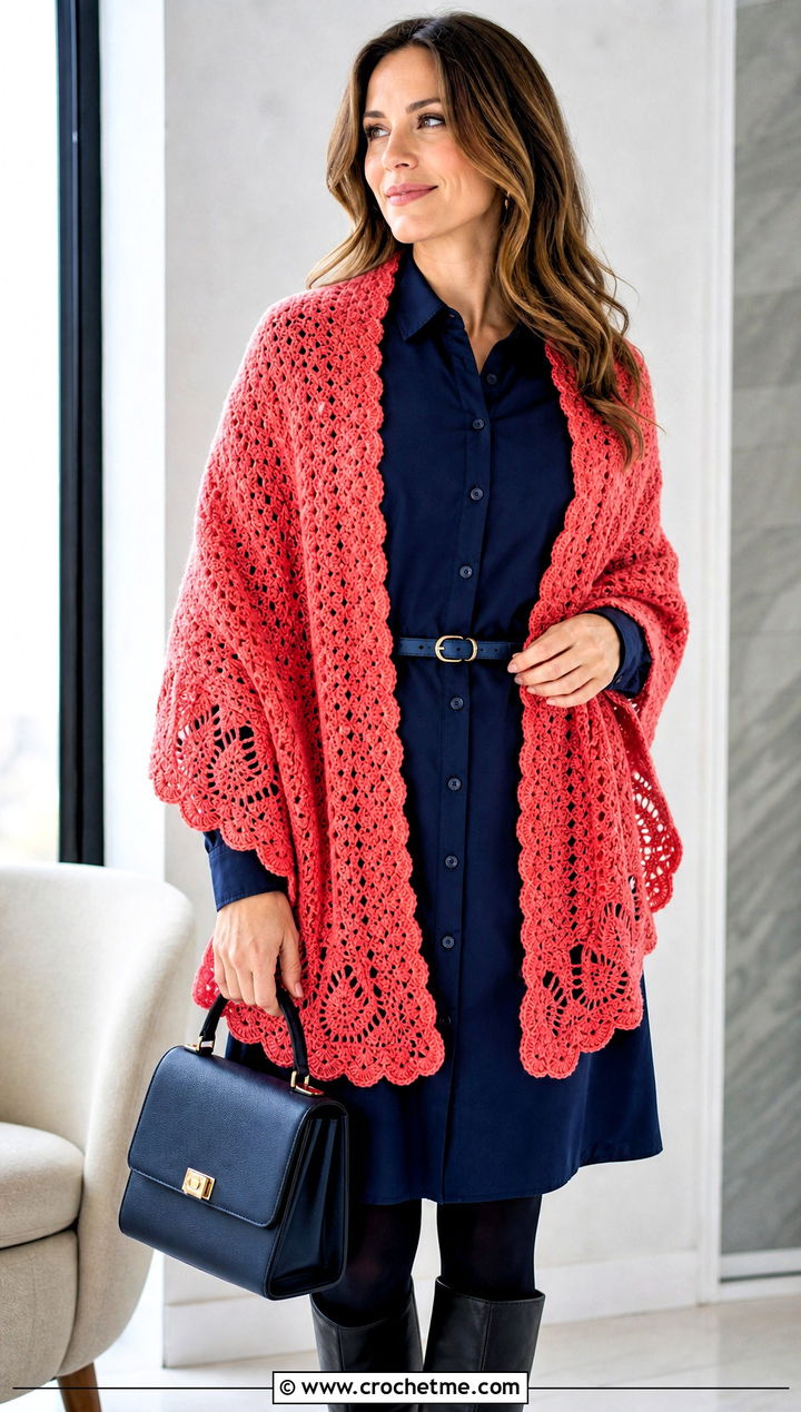 Scalloped Edge Crochet Shawl With Shirt Dress - 30 winter crochet shawl outfit ideas