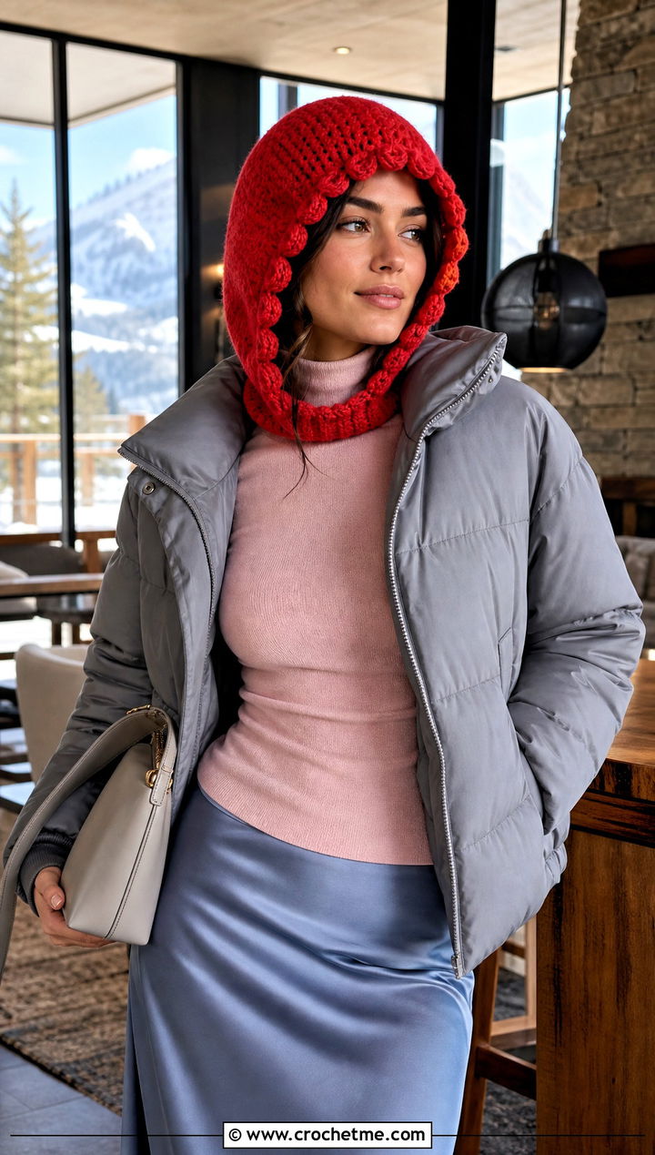 Scalloped Edge Crochet Ski Helmet Balaclava With Satin Skirt - 15 crochet ski helmet balaclava outfit ideas