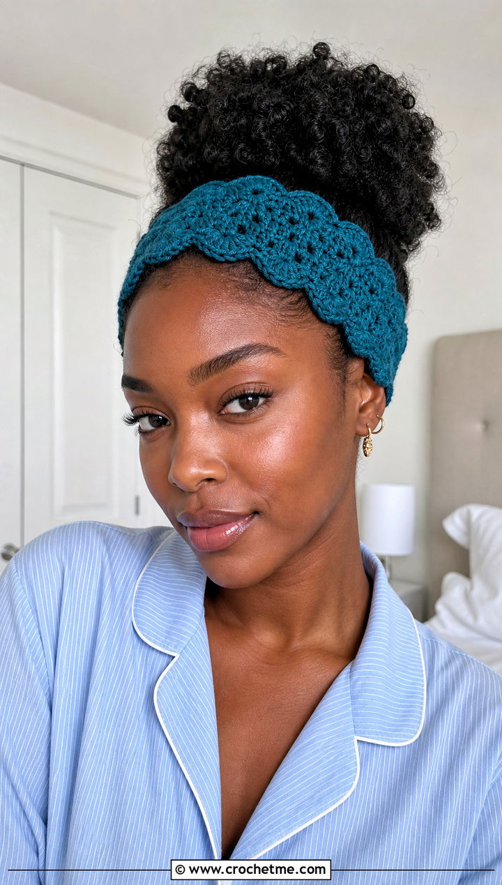 Scalloped Edge Crochet Skincare Headband With Button Down Pajamas - 15 Crochet Skincare Headband outfit ideas