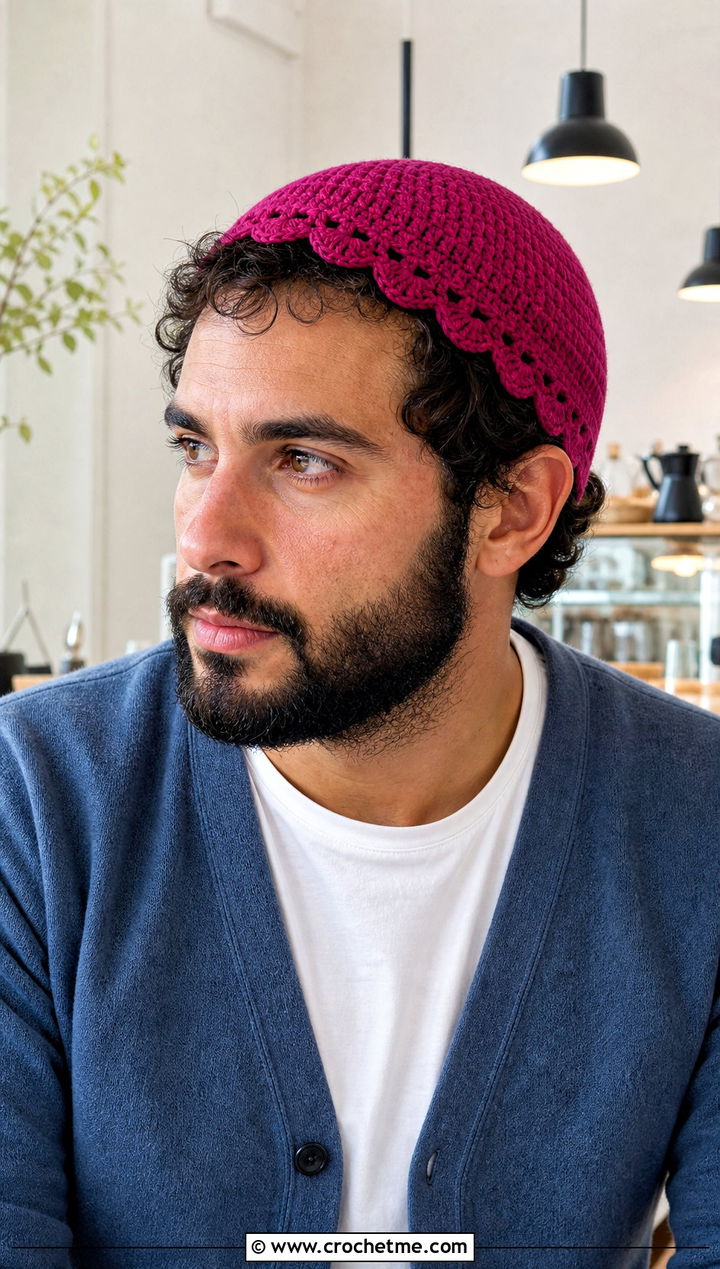 Scalloped Edge Crochet Skull Cap With Cardigan And Pleated Pants - 25 Mens Crochet Skull Cap outfit ideas