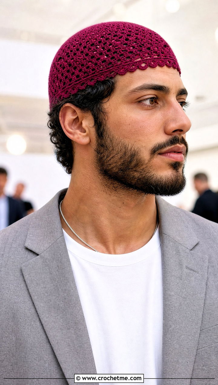 Scalloped Edge Crochet Skull Cap With Suit And T Shirt - 25 Crochet Skull Cap For Men outfit ideas