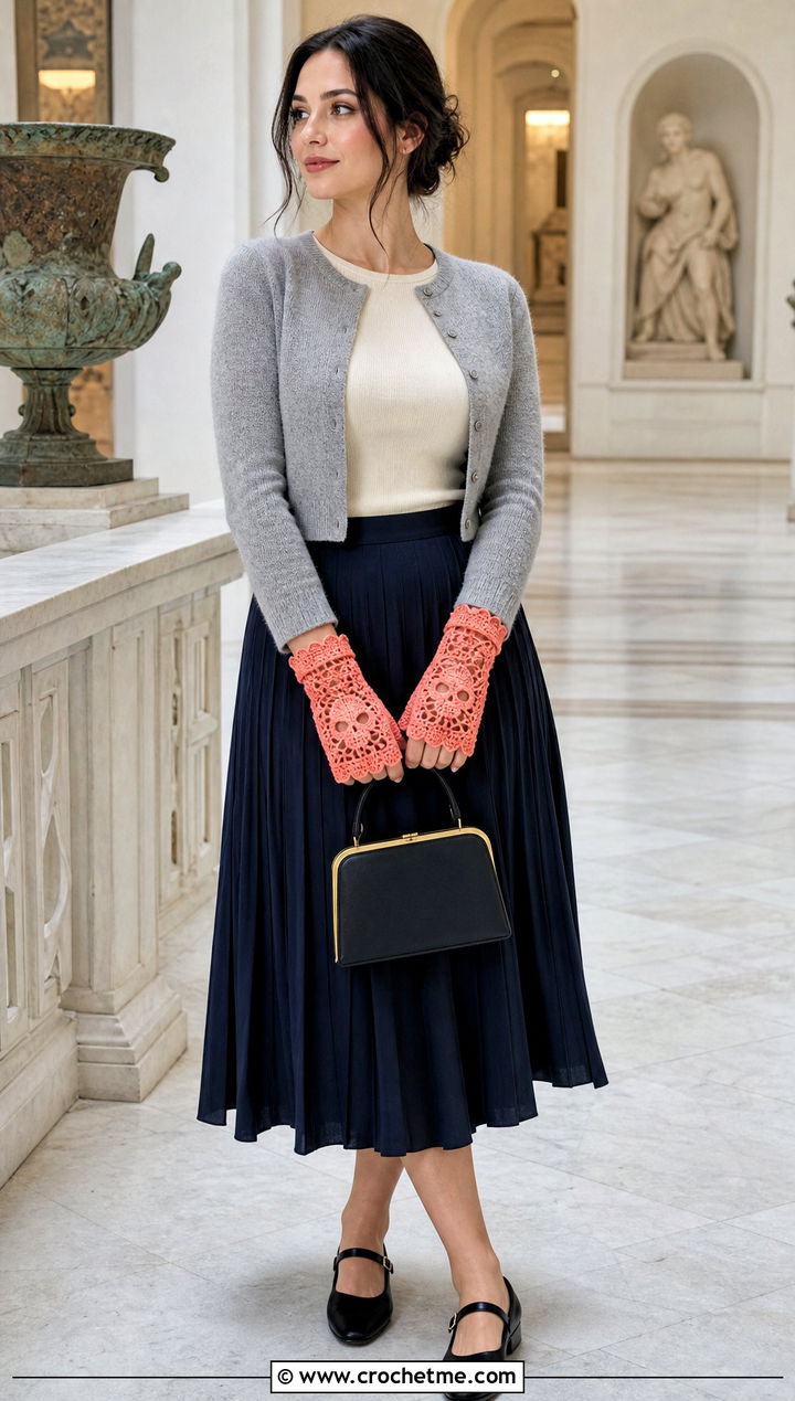 Scalloped Edge Crochet Skull Gloves With Midi Skirt - 15 Crochet Skull Gloves outfit ideas