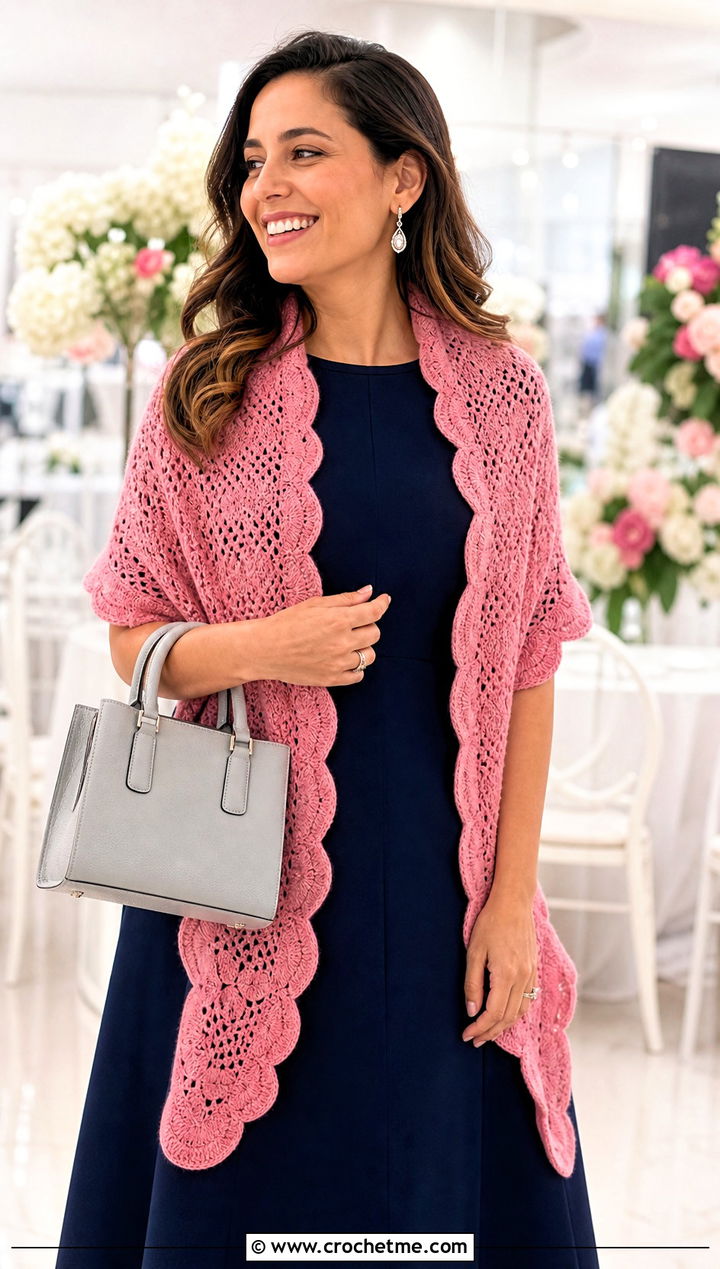 Scalloped Edge Crochet Sleeve Scarf With A Line Dress - 30 crochet sleeve scarf outfit ideas