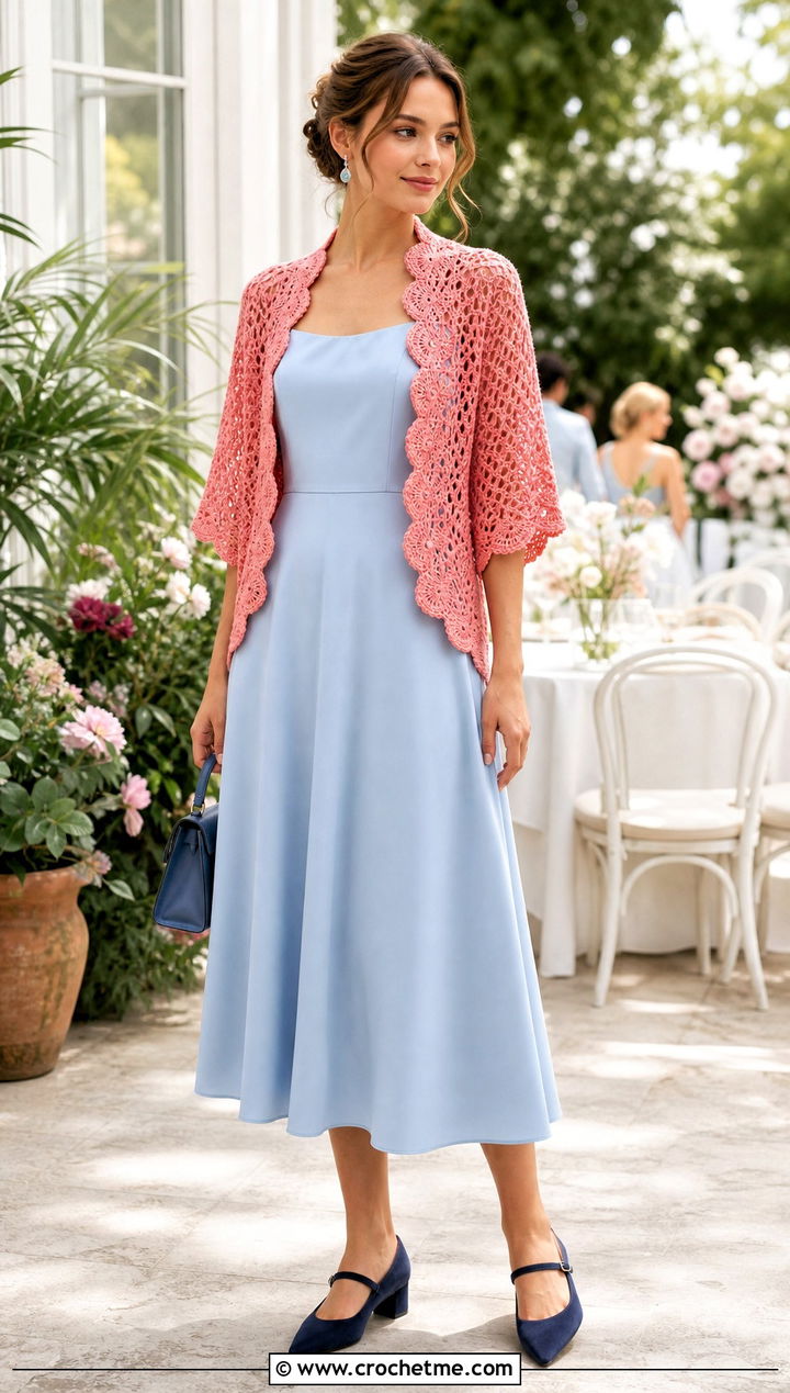 Scalloped Edge Crochet Sleeve Wrap With Tea Dress - 35 crochet wrap with sleeves outfit ideas