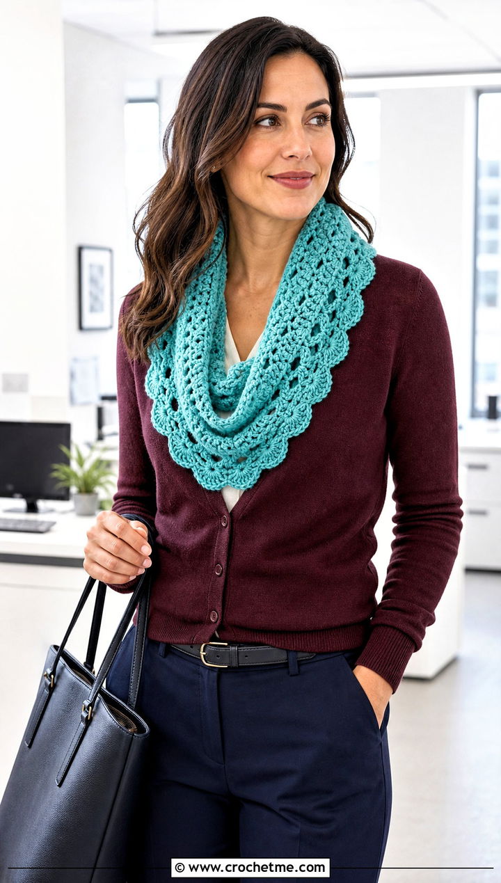 Scalloped Edge Crochet Snood Cowl With Cardigan And Trousers - 20 crochet snood cowl outfit ideas