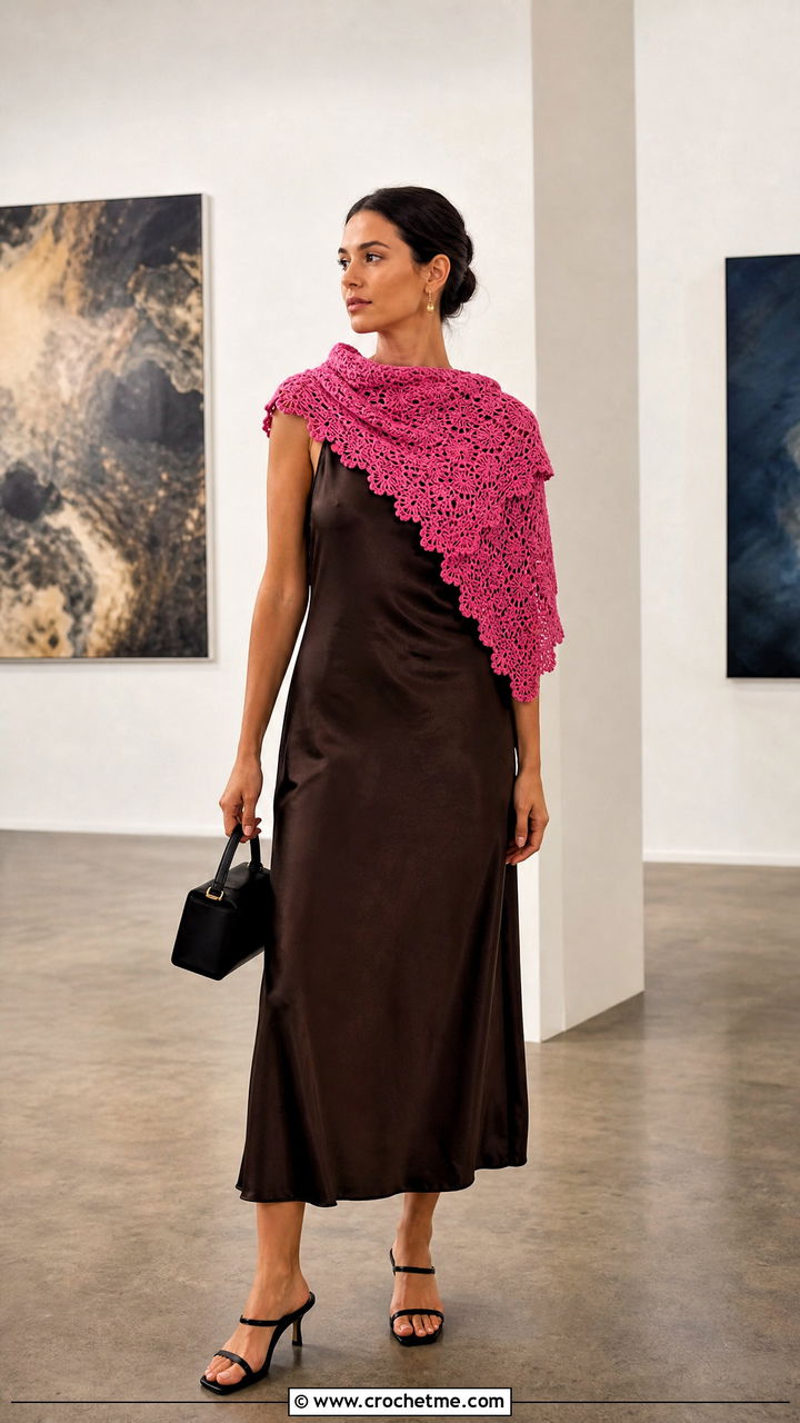 Scalloped Edge Crochet Triangle Scarf With Slip Dress - 35 crochet triangle scarf outfit ideas
