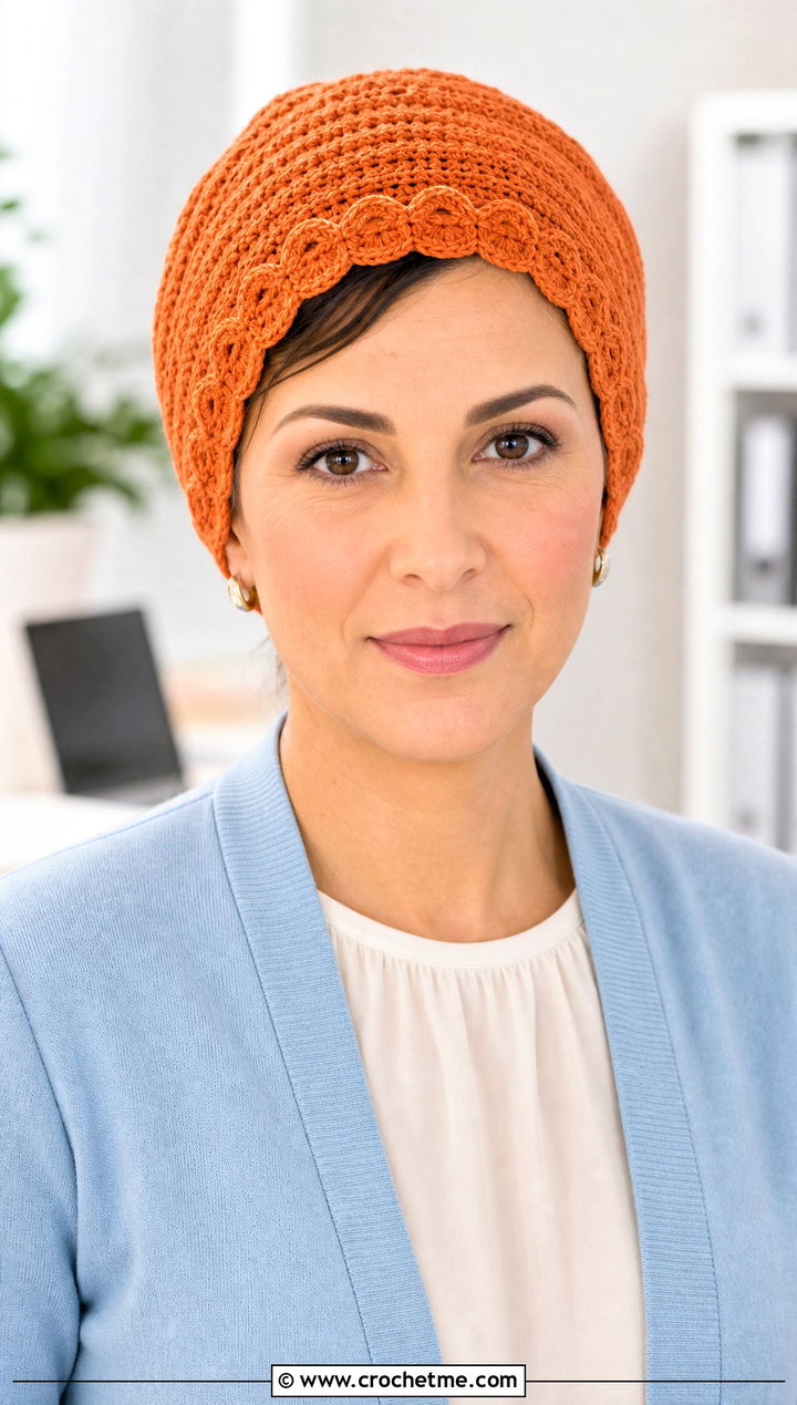 Scalloped Edge Crochet Turban Hat With Cardigan And Pencil Skirt - 35 crochet turban hat outfit ideas