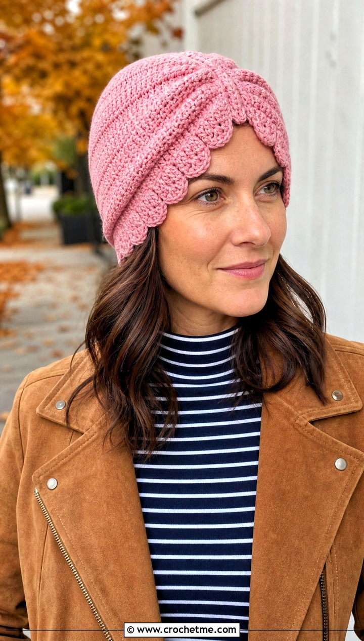 Scalloped Edge Crochet Turban Hat With Wide Leg Jeans - 15 crochet turban style hat outfit ideas