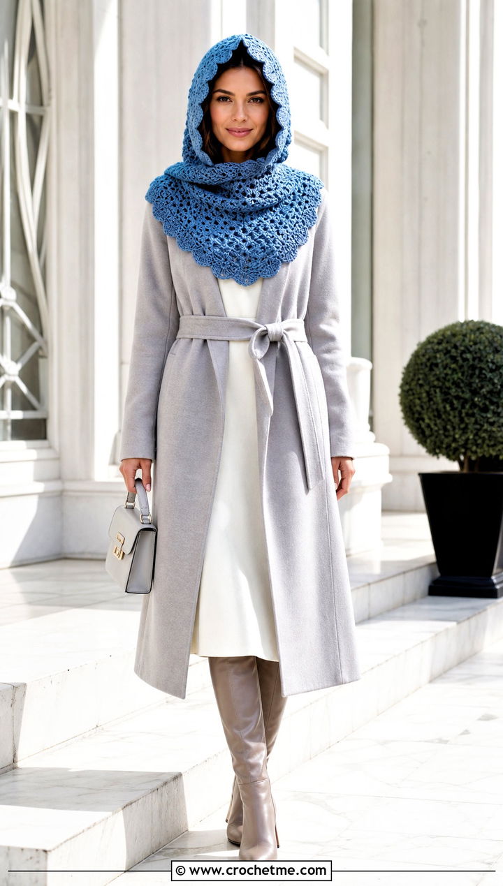 Scalloped Edge Crochet Turtle Neck Hoodie With A Line Dress - 30 crochet turtle neck hoodie outfit ideas