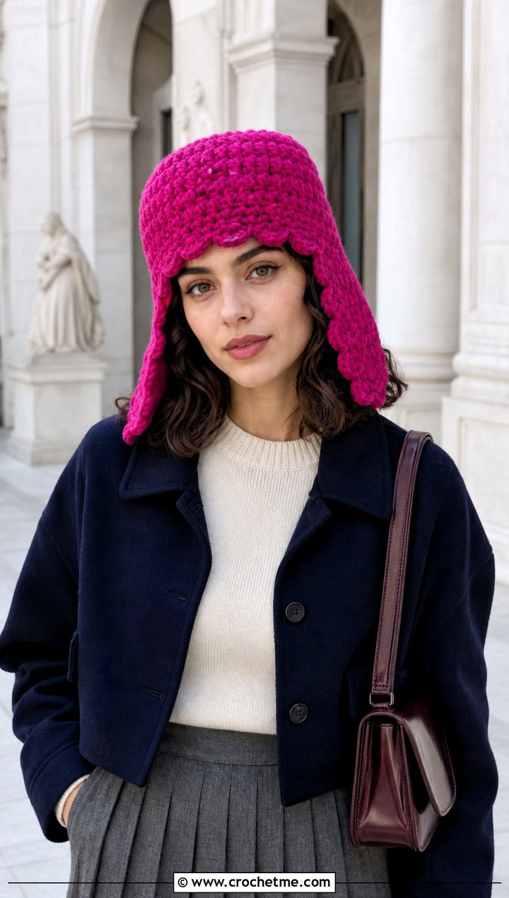 Scalloped Edge Crochet Ushanka Hat With Midi Skirt - 30 crochet ushanka hat outfit ideas