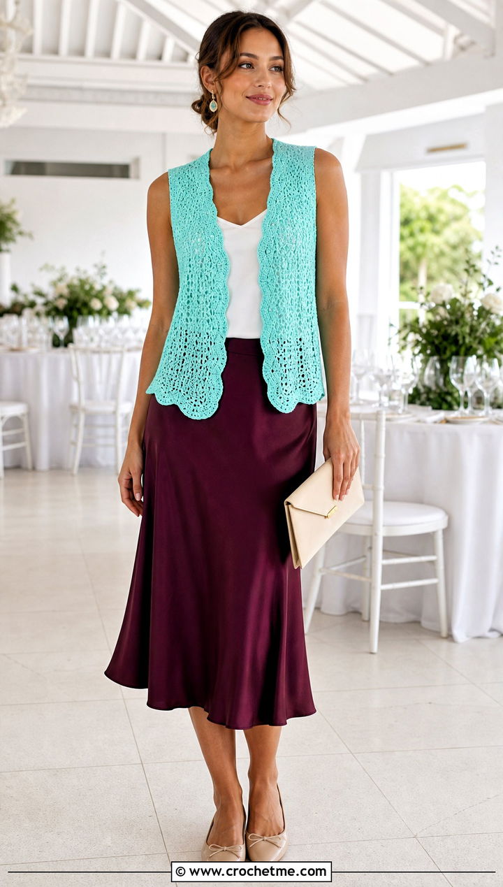 Scalloped Edge Crochet Waistcoat With Satin Midi Skirt - 20 ladies crochet waistcoat outfit ideas
