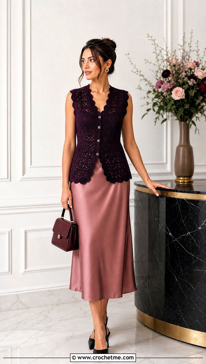 Scalloped Edge Crochet Waistcoat With Satin Midi Skirt - 35 crochet waist coat outfit ideas