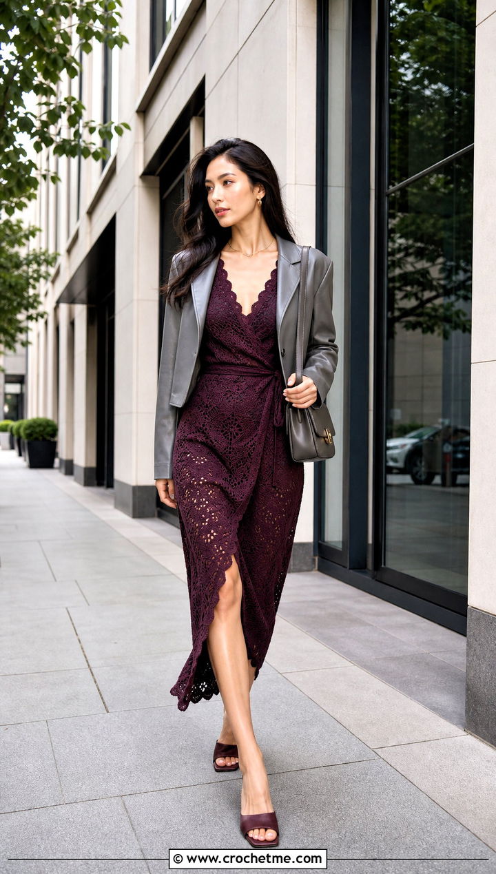 Scalloped Edge Crochet Wrap Dress With Leather Blazer - 35 crochet wrap dress outfit ideas