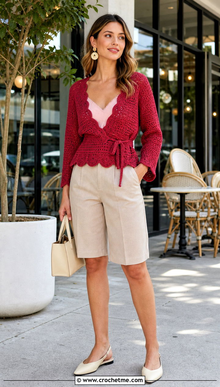 Scalloped Edge Crochet Wrap Shirt With Bermuda Shorts - 30 crochet wrap shirt outfit ideas
