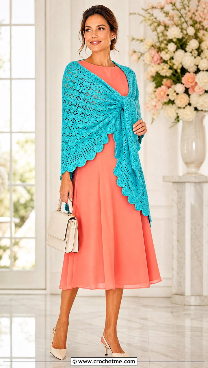 Scalloped Edge Crochet Wrap With Tea Length Dress - 30 crochet shawl wraps outfit ideas