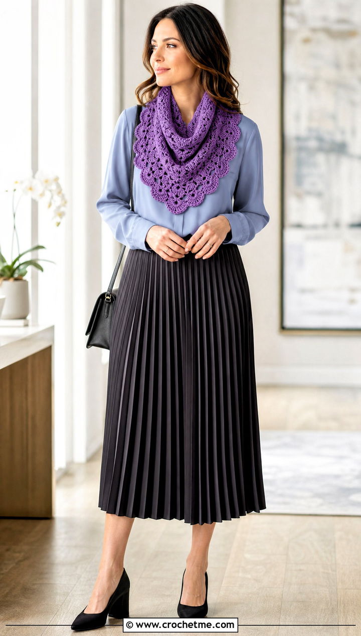 Scalloped Edge Crocheted Cowl With Blouse And Pleated Skirt - 25 Crocheted Cowl outfit ideas