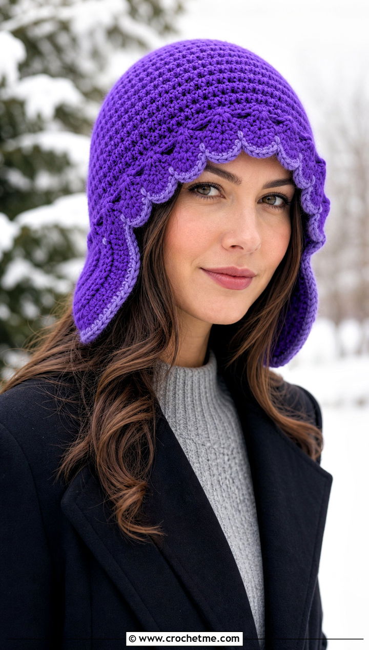Scalloped Edge Ear Flap Beanie With Sweater Dress - 30 crochet ear flap beanie outfit ideas