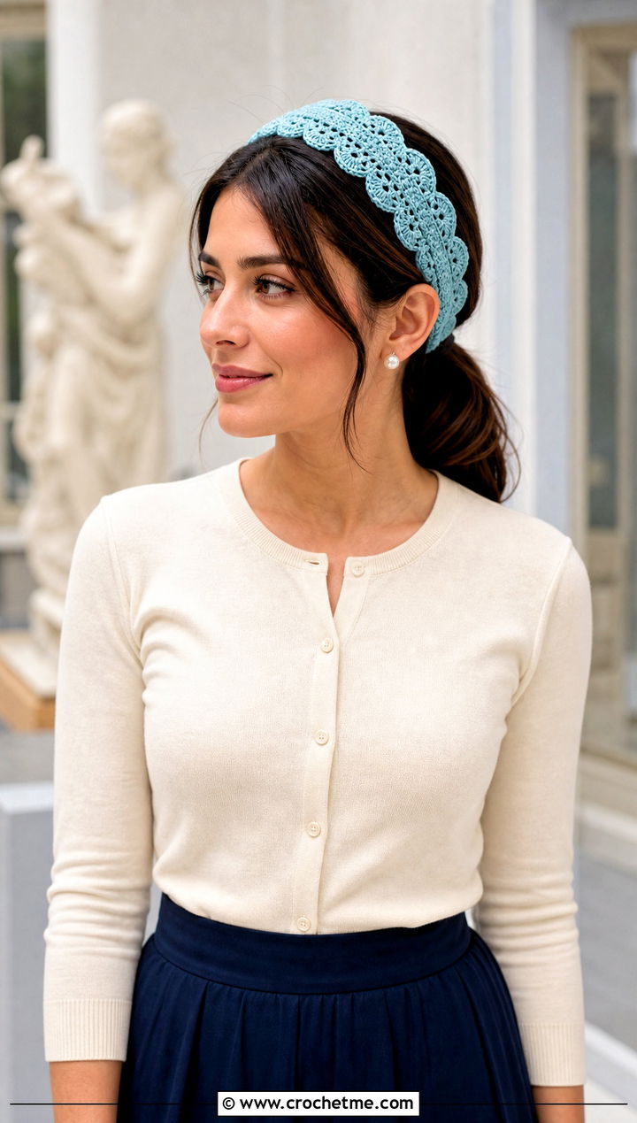 Scalloped Edge Elastic Crochet Headband With a Cardigan and Midi Skirt - 25 Crochet Headbands With Elastic outfit ideas