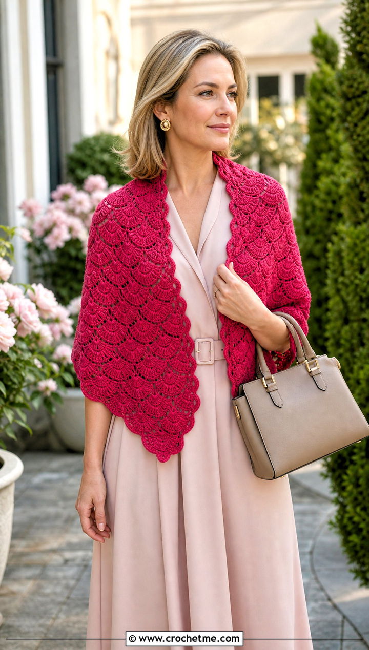 Scalloped Edge Fan Stitch Shawl With Midi Dress - 20 Crochet Fan Stitch Shawl outfit ideas