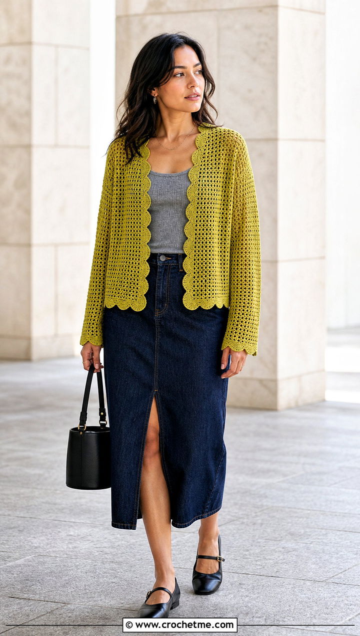 Scalloped Edge Filet Crochet Cardigan With a Denim Midi Skirt - 25 filet crochet cardigan outfit ideas