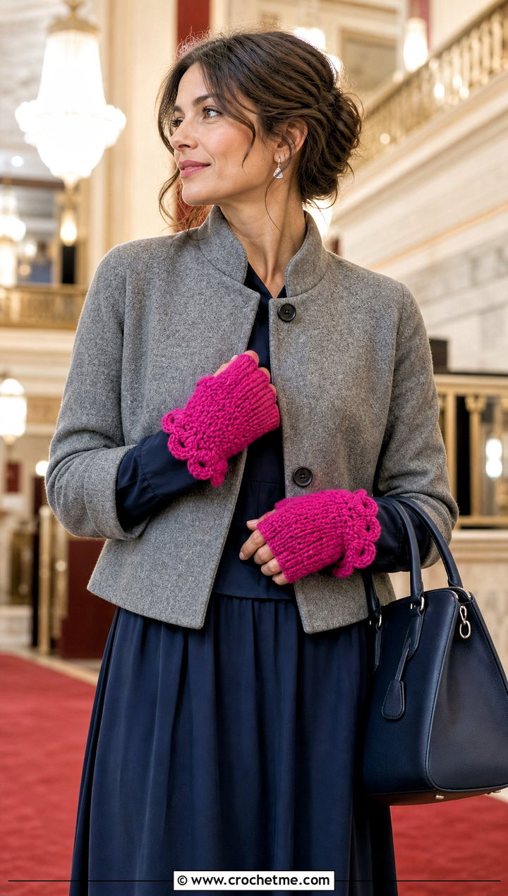Scalloped Edge Fingerless Gloves With Midi Dress - 25 Crochet Fingerless Gloves Bulky Yarn outfit ideas