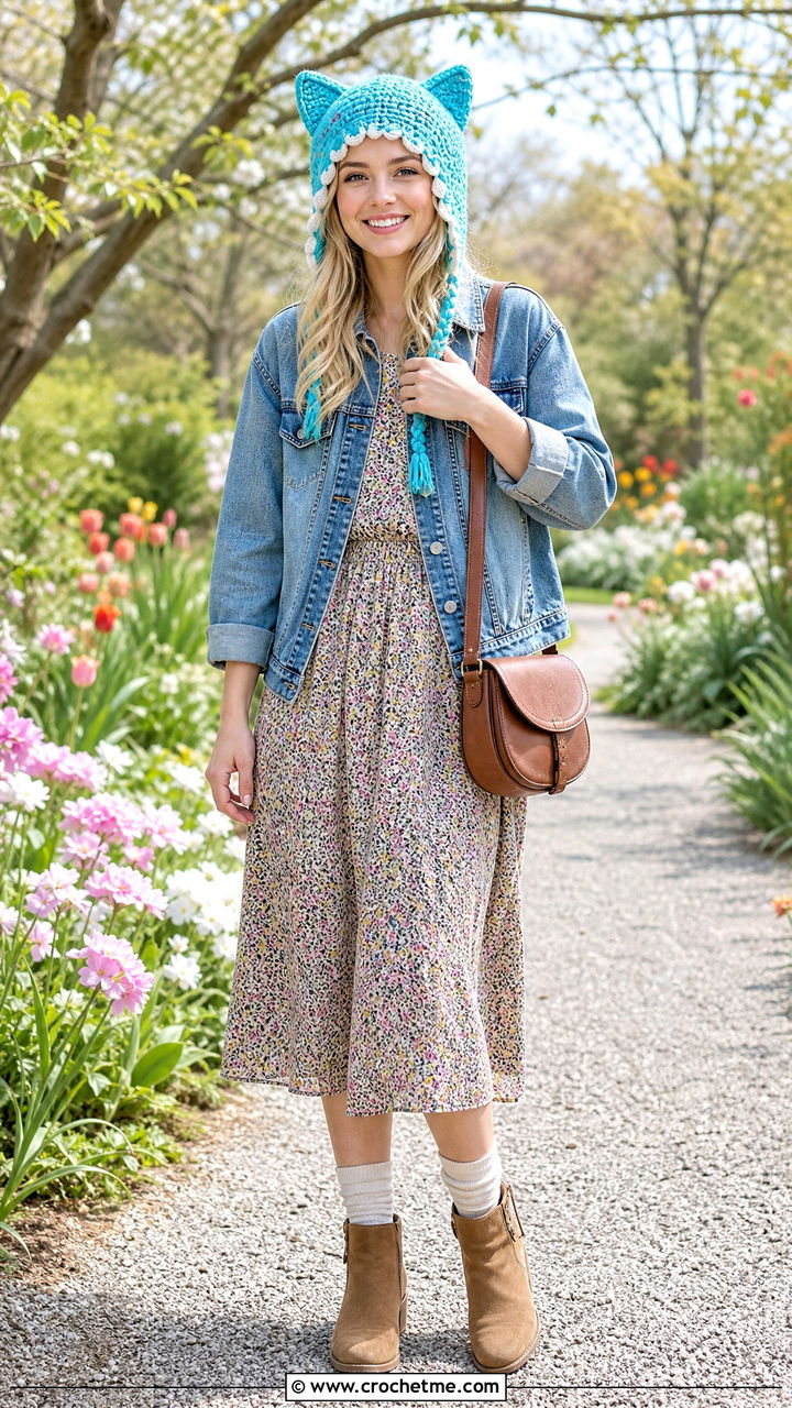 Scalloped Edge Finn Hat With Floral Midi Dress - 35 crochet finn hat outfit ideas