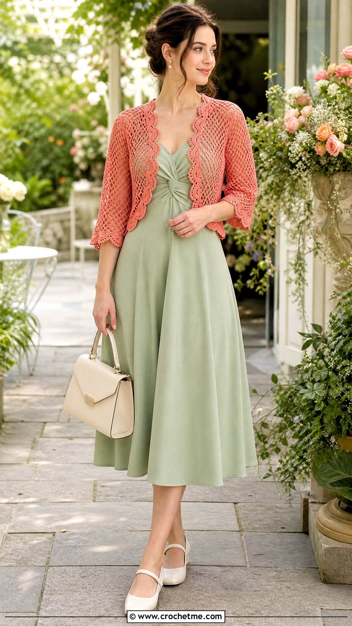 Scalloped Edge Fishnet Shrug With Tea Dress And Mary Janes - 35 crochet fishnet shrug outfit ideas