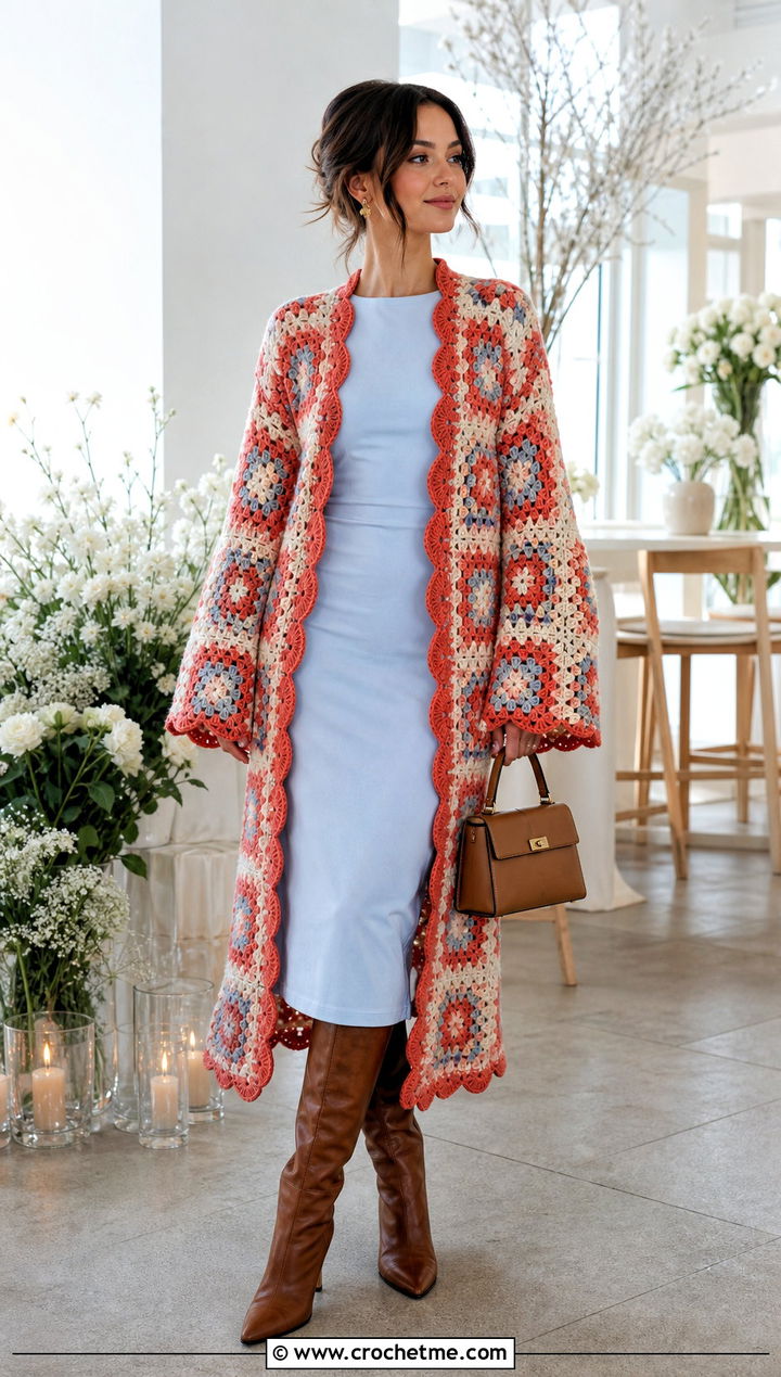 Scalloped Edge Giant Granny Square Cardigan With Midi Dress - 35 giant granny square cardigan outfit ideas