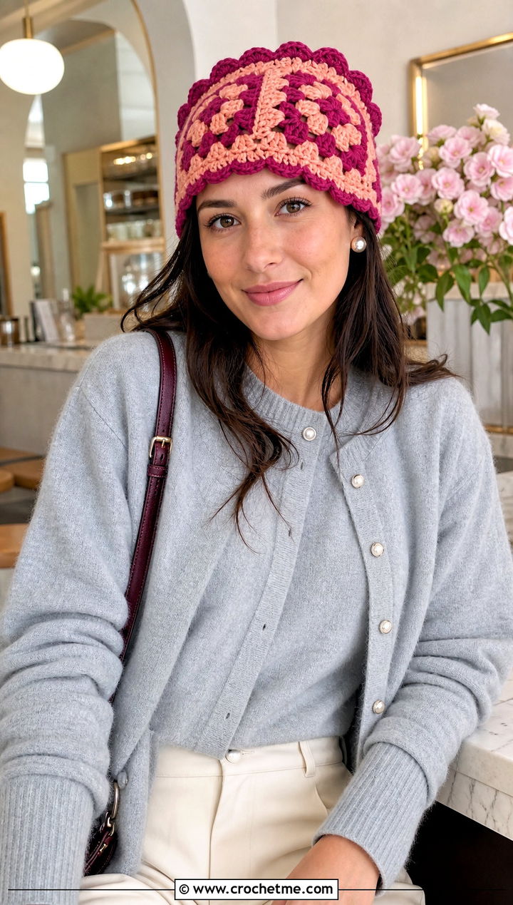 Scalloped Edge Granny Square Beanie With Cardigan Set - 30 granny square beanie outfit ideas