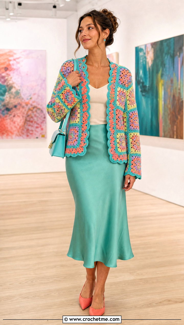 Scalloped Edge Granny Square Cardigan With Bias Cut Midi Skirt - 25 pastel granny square cardigan outfit ideas