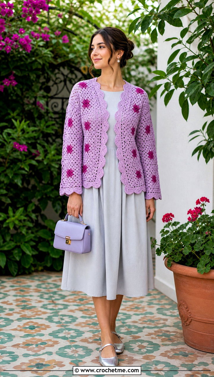 Scalloped Edge Granny Square Cardigan With Tea Dress - 25 Two Granny Square Cardigan outfit ideas