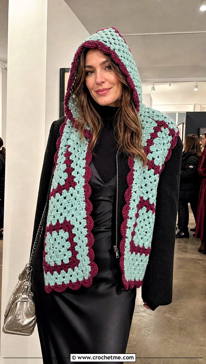 Scalloped Edge Granny Square Crochet Hooded Scarf With Slip Dress - 30 Granny Square Crochet Hooded Scarf outfit ideas